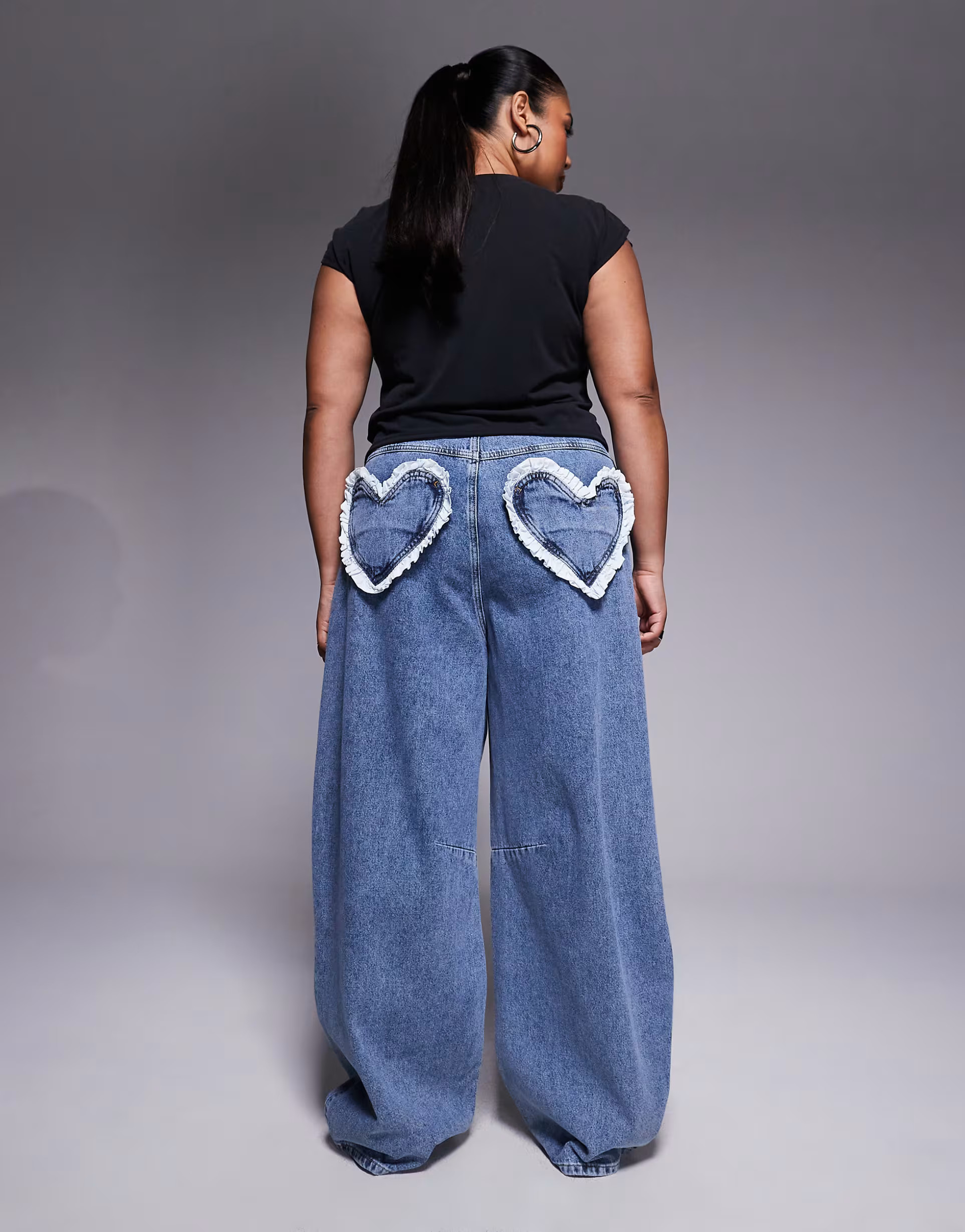 ASOS LUXE Curve barrel leg heart pocket jeans in midwash blue | ASOS (Global)