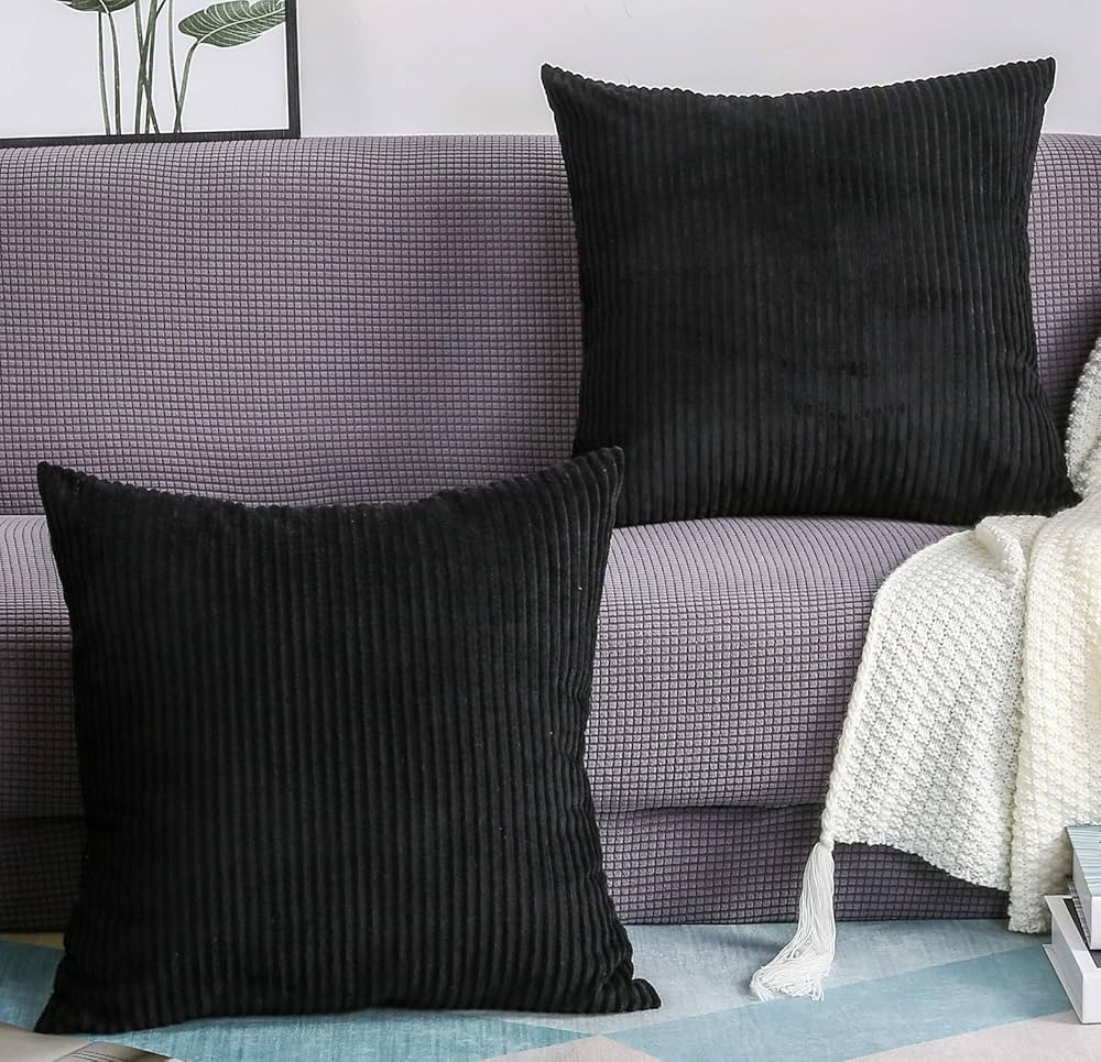 TangDepot, Set of 2 Solid Velvet Striped Corduroy Decorative Throw Pillow Covers, Square Pillow C... | Amazon (US)