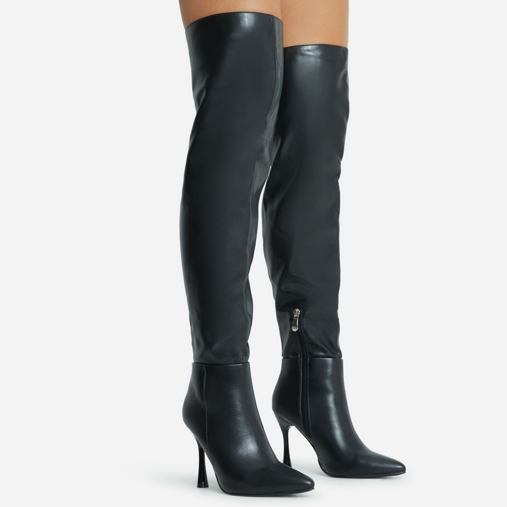 Ivy Pointed Toe Statement Heel Over The Knee Thigh High Long Boot In Black Faux Leather | EGO Shoes (US & Canada)