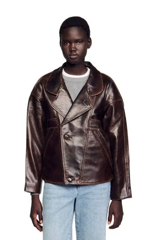 SANDRO Oversized leather jacket in Brown at Nordstrom, Size 34 Eu | Nordstrom