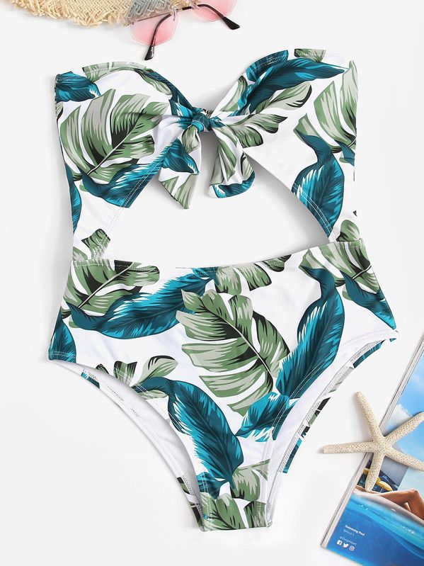 Random Leaf Print Cut-out Bandeau One Piece Swim | SHEIN