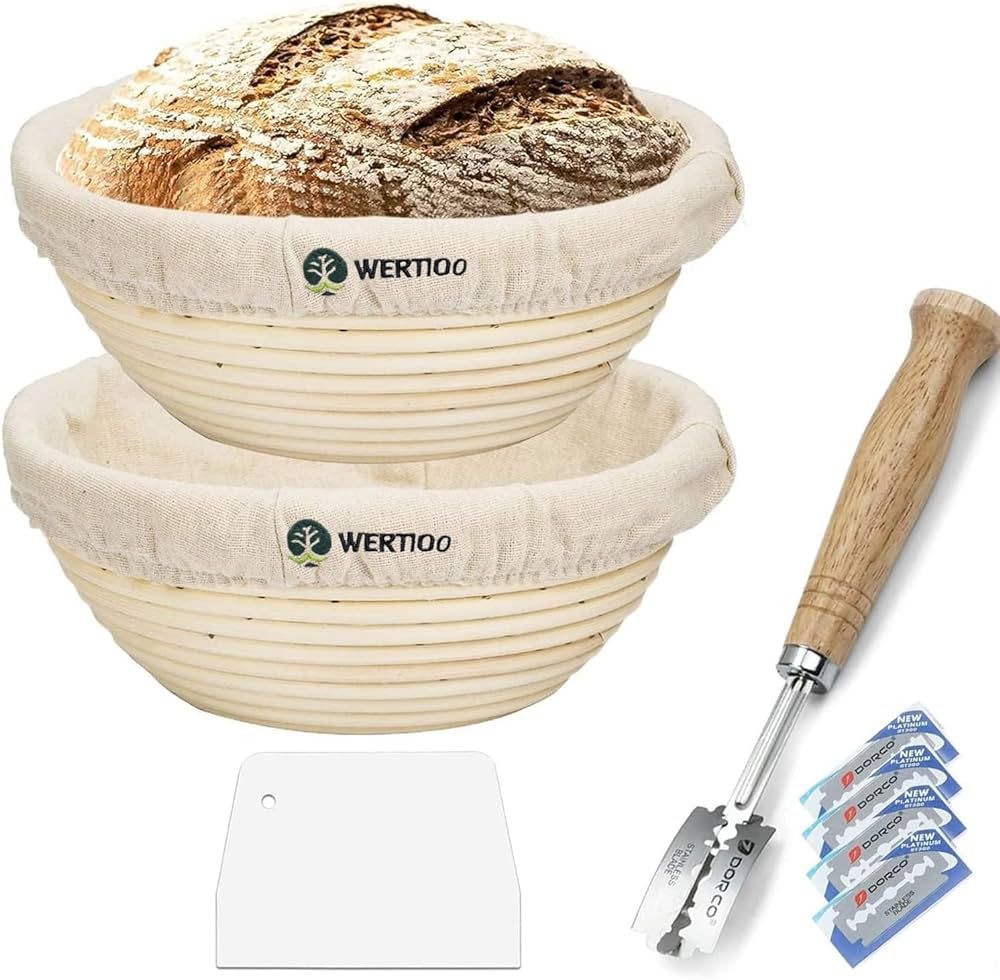 9 Inch Proofing Basket 2 Pack,WERTIOO Bread Proofing Basket + Bread Lame +Dough Scraper+ Linen Li... | Amazon (US)