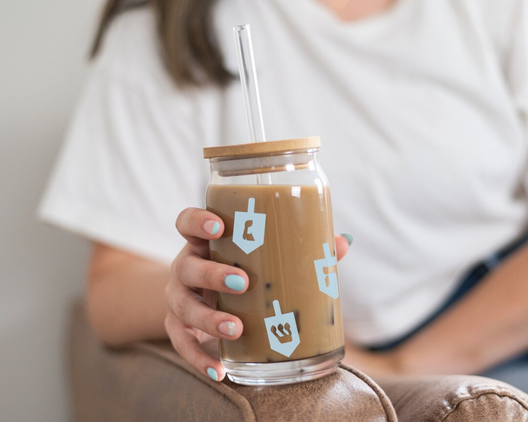 Hanukkah Glass Cup, Iced Coffee Cup With Lid & Straw, Menorah Beer Can Glass, Chanukah Mug, Dreid... | Etsy (US)