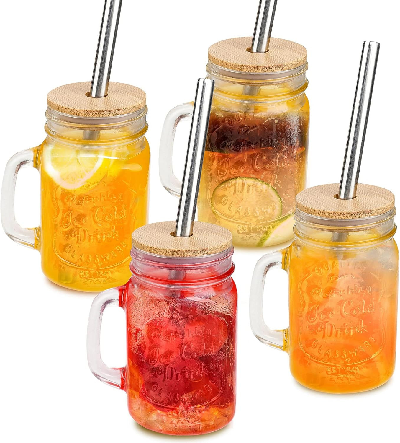 Mason Jar With Handle, Regular Mouth Mason Jars 16 Oz, Mason Jar Cups with Lids and Straws, Set o... | Amazon (US)