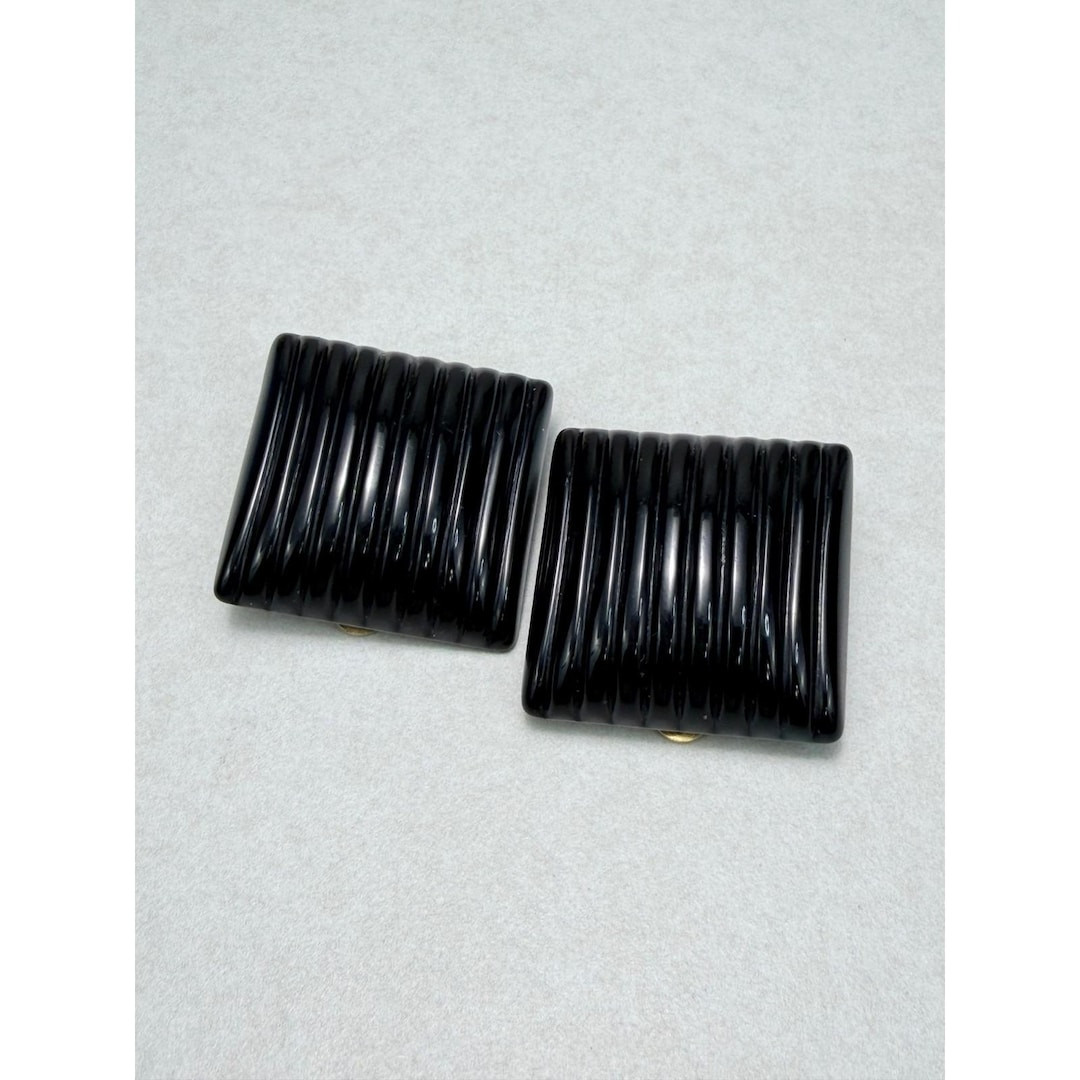 Vintage Les Bernard Chunky Ribbed Black Clip On Earrings Retro Statement | Etsy (US)