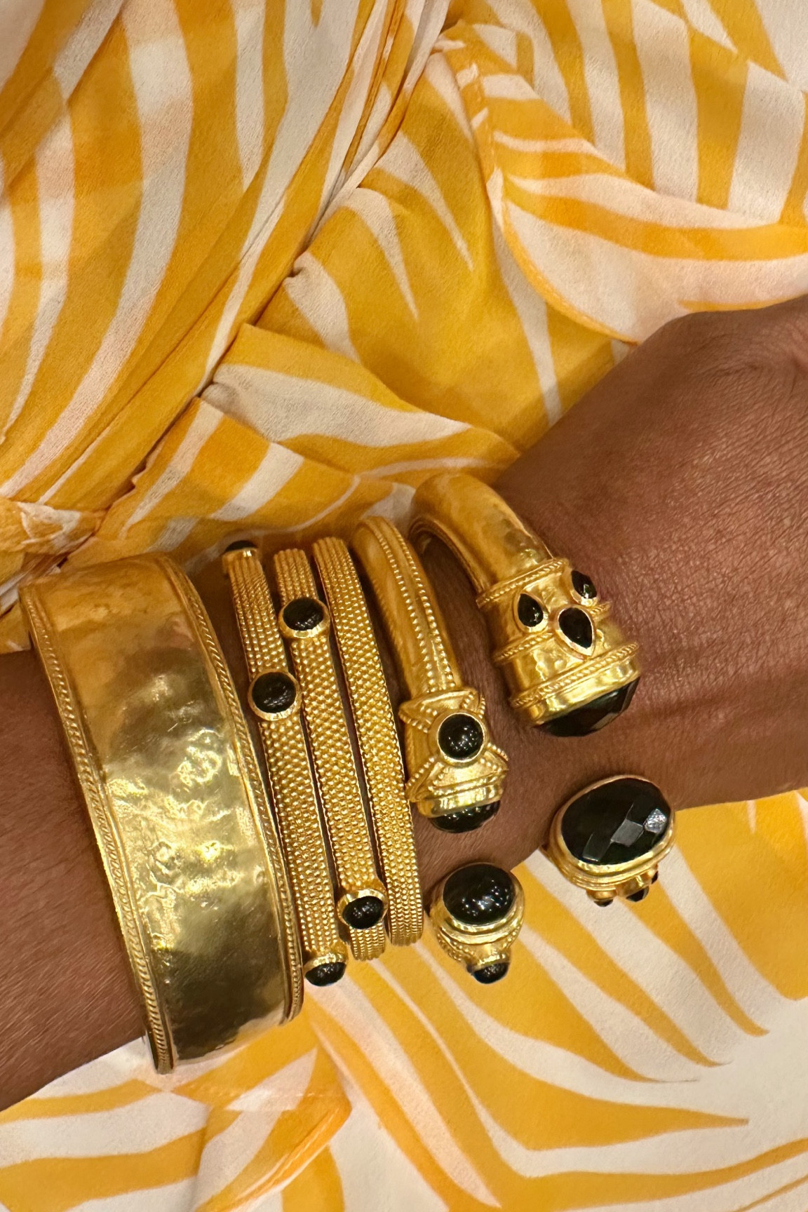 Julie Vos black and gold arm stack bracelets, bangles and cuffs 

#LTKParties #LTKStyleTip #LTKWorkwear