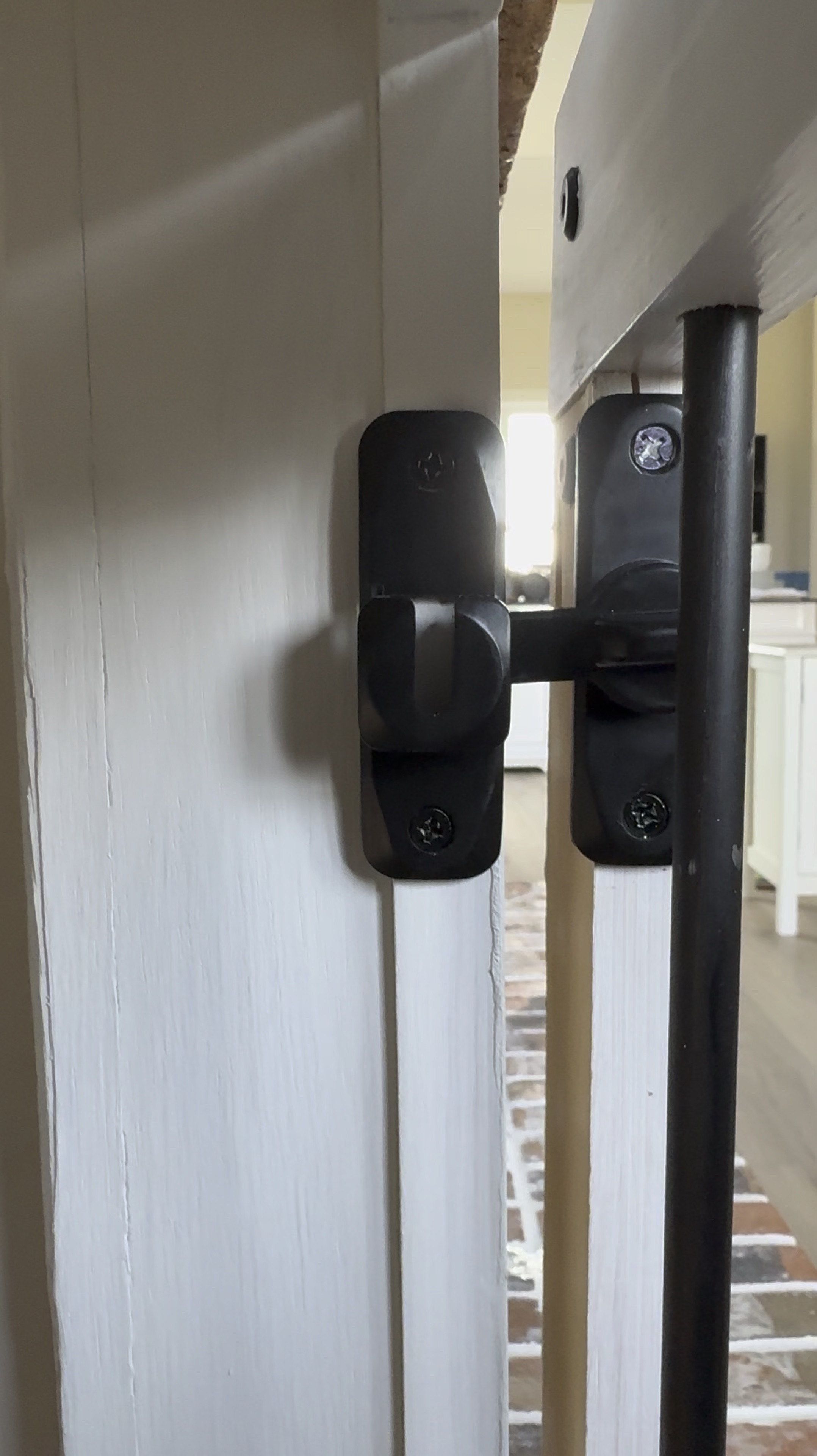 Barn door lock for Penny’s crate and my half bath!