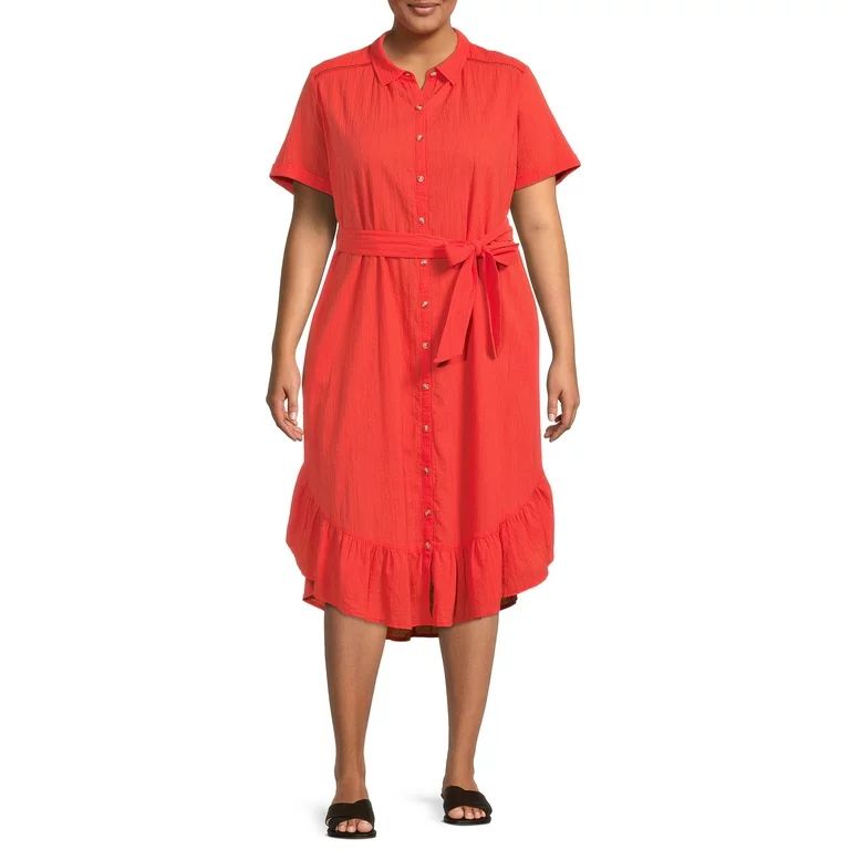 Terra & Sky Women's Plus Size Ruffle Shirt Dress with Short Sleeves | Walmart (US)