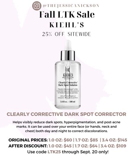 This serum helps reduce dark spots and hyperpigmentation - and you can use it on more than just your face! Stock up on your skincare faves with 25% off the entire Kiehl’s sIte through Sept. 20. Use code LTK25 to get the discount   

#LTKSale #LTKsalealert #LTKSale #LTKbeauty #LTKGiftGuide
