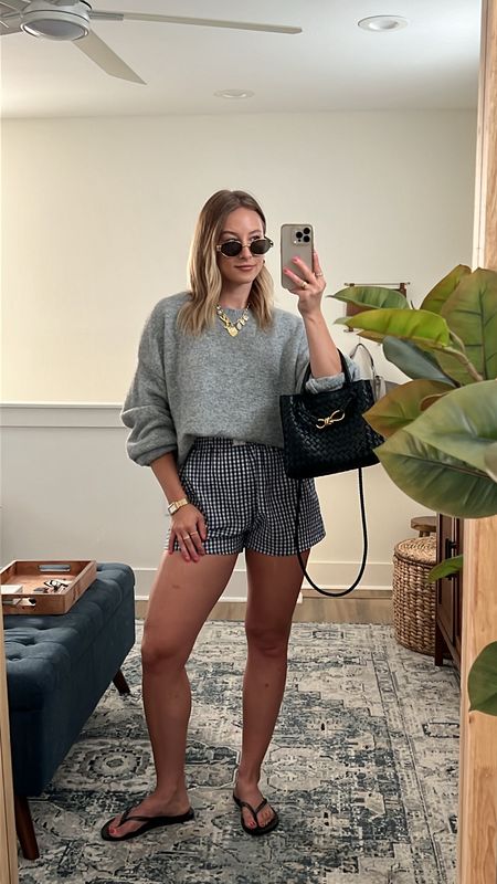 4/2/24 Comfy casual outfit of the day 🫶🏼 Use code “XOVANESSA” for $$ off Princess Polly! Grey sweater, oversized sweater, boxer shorts for women, boxer shorts outfit, flip flops, summer sandals, summer shoes, spring outfits, casual spring outfits, casual spring fashion, spring fashion trends