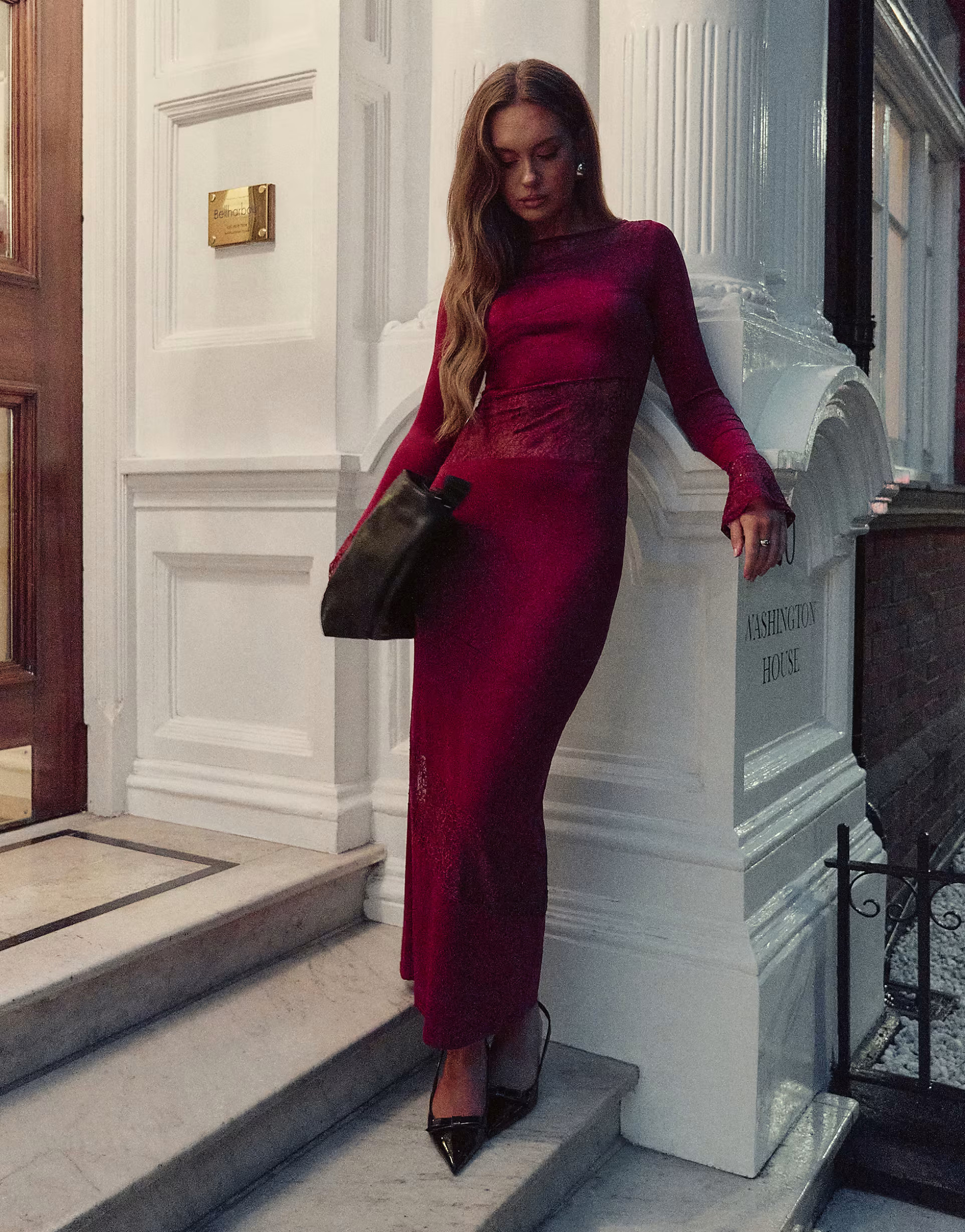 The Frolic x Bella Stovey exclusive lace insert flared sleeve maxi dress in burgundy | ASOS (Global)