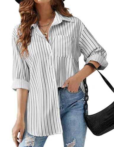 HOTOUCH Women's Black and White Button Down Shirts Casual Dressy Long Sleeve Oversized V Neck Tunic Top | Amazon (US)