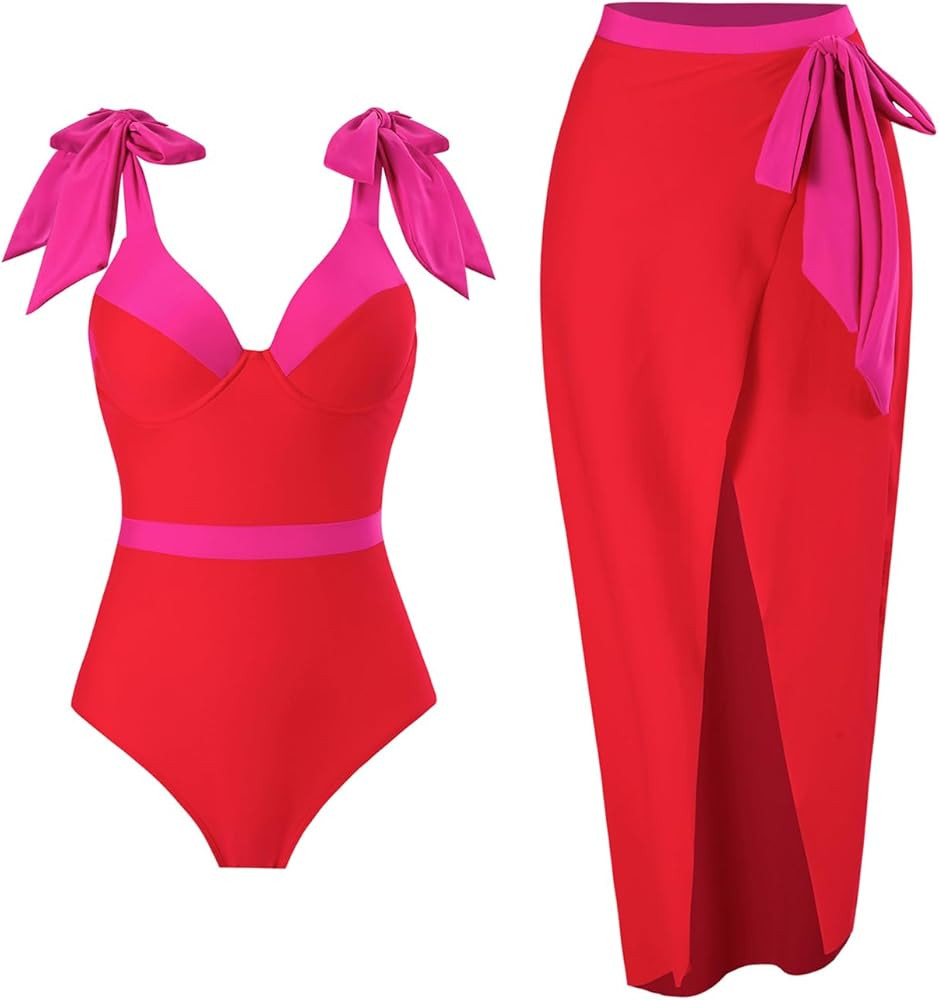 Women One-Piece Swimsuit with Cover up Wrap Skirt Sarong Bathing Suit Beach Outfit Summer | Amazon (US)