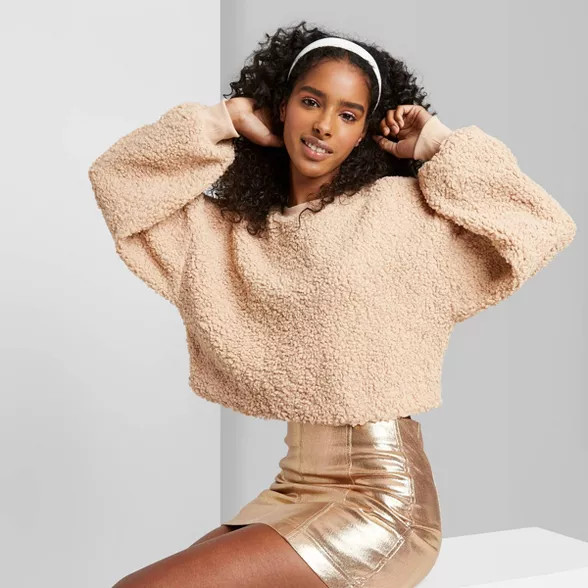 Women's Long Sleeve Crewneck Sherpa Sweatshirt - Wild Fable™ Tan | Target