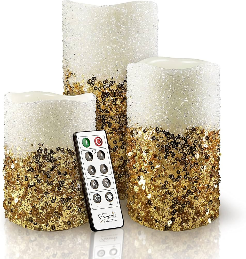 FURORA LIGHTING Christmas Decor Gold Flameless Candles 3 Pack LED Pillar Candles, Remote Controll... | Amazon (US)
