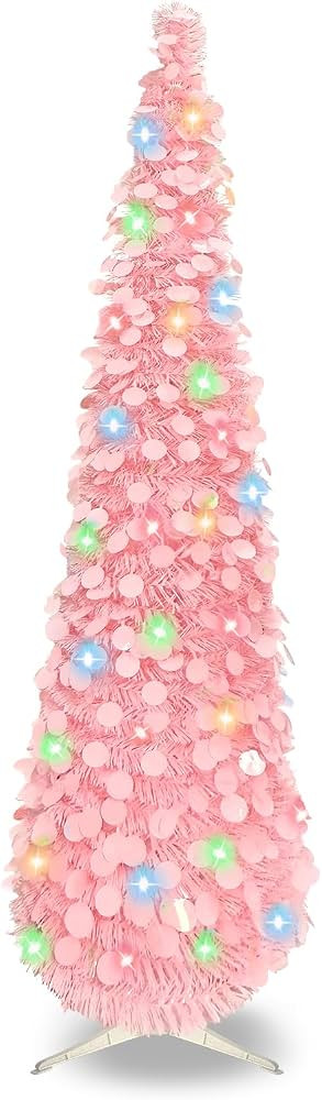 Pop Up Christmas Tree, 5FT Collapsible Artificial Pink Christmas Tree with 90 LED Lights, Tinsel ... | Amazon (US)