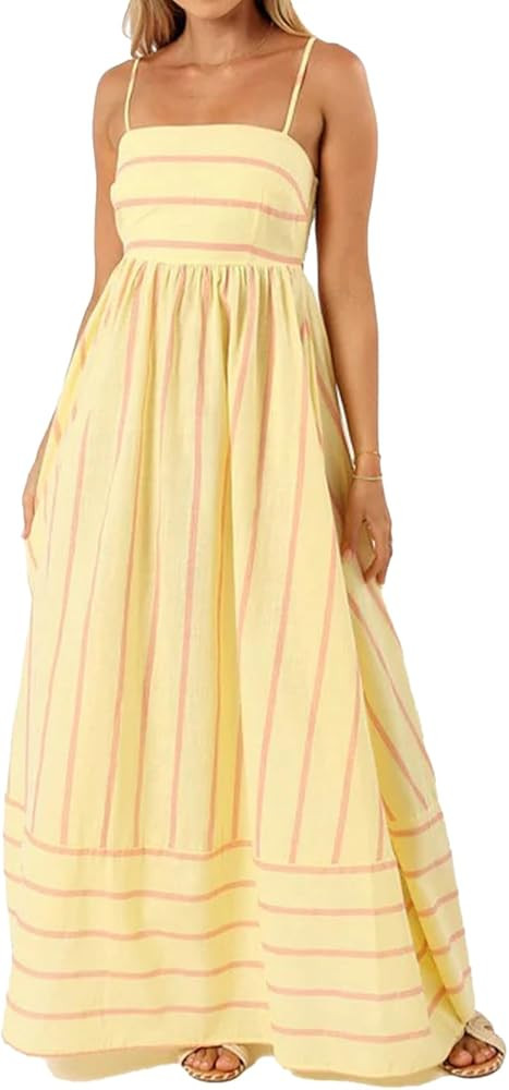 Women Striped Maxi Dress Sleeveless Backless Cutout Smocked Sundress Spaghetti Straps Boho Flowy ... | Amazon (US)