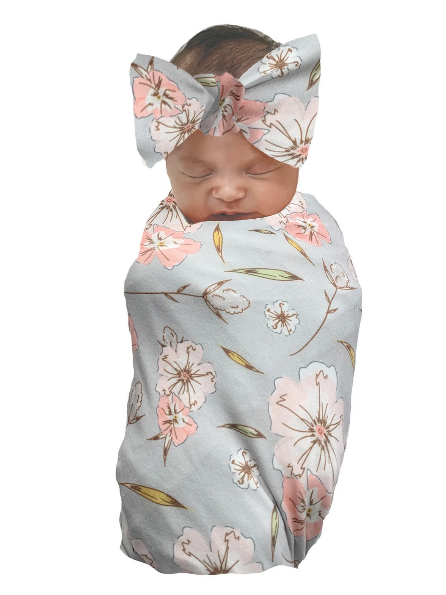 Wonder Nation Baby Girl Swaddle Wrap and Bow Headband Baby Shower Gift Set, 2pc | Walmart (US)