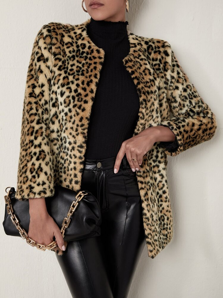 SHEIN Leopard Print Open Front Fuzzy Coat | SHEIN