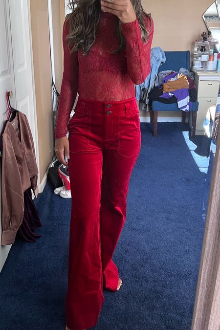 Red Holiday Outfit | Christmas outfit | velvet pants | red lace top | wide leg pants 

#LTKSeasonal #LTKHoliday #LTKstyletip