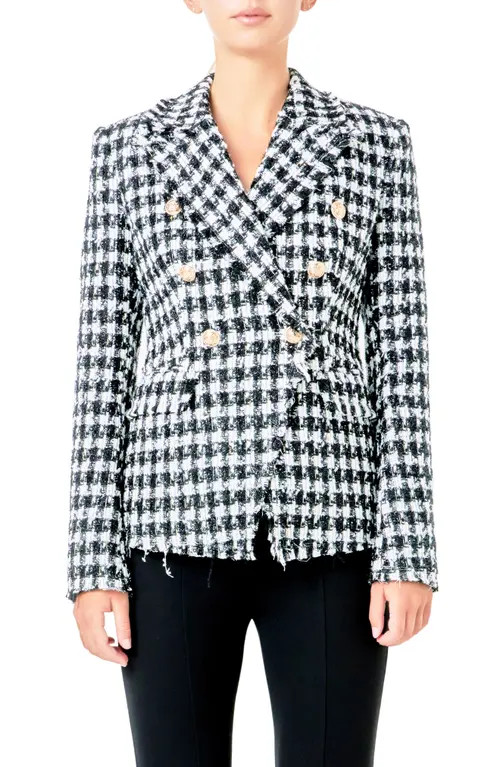 Endless Rose Check Tweed Double Breasted Blazer in Black/White at Nordstrom, Size X-Small | Nordstrom