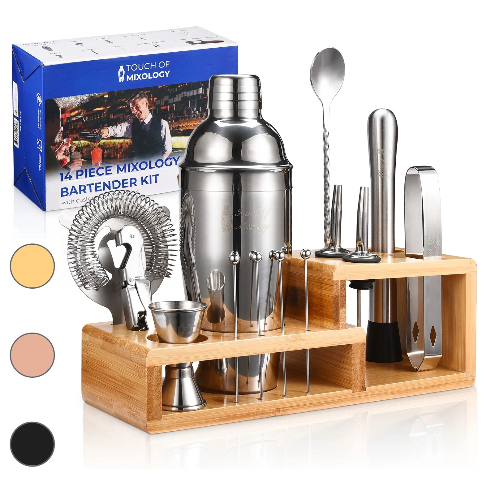 Touch of Mixology 14 Piece Stainless Steel Bartender Kit Includes Cocktail Shaker (Silver) | Walmart (US)