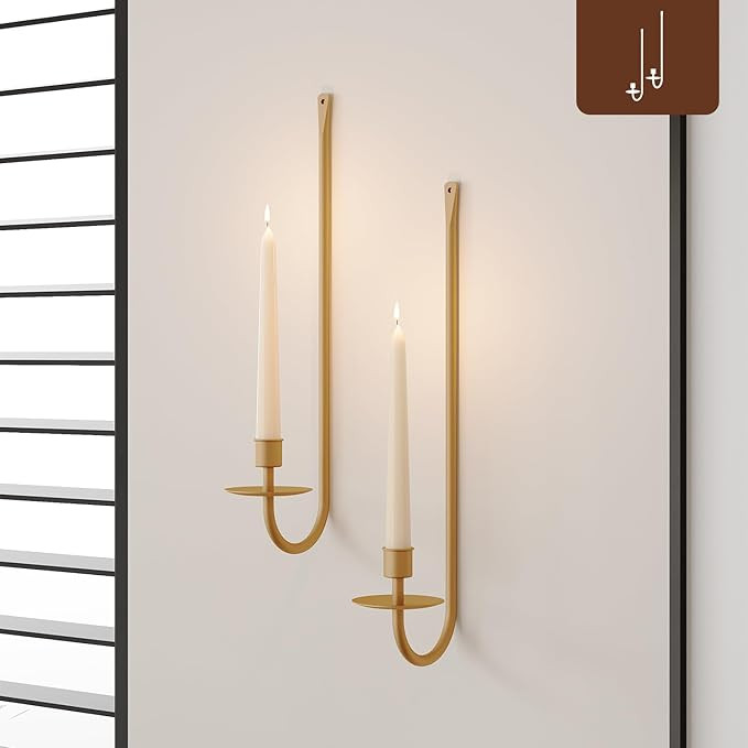 Metal Wall Candle Sconce Holder Set of 2 Wall Mount Candle Holder Pillar Holder Brass Modern Wall... | Amazon (US)
