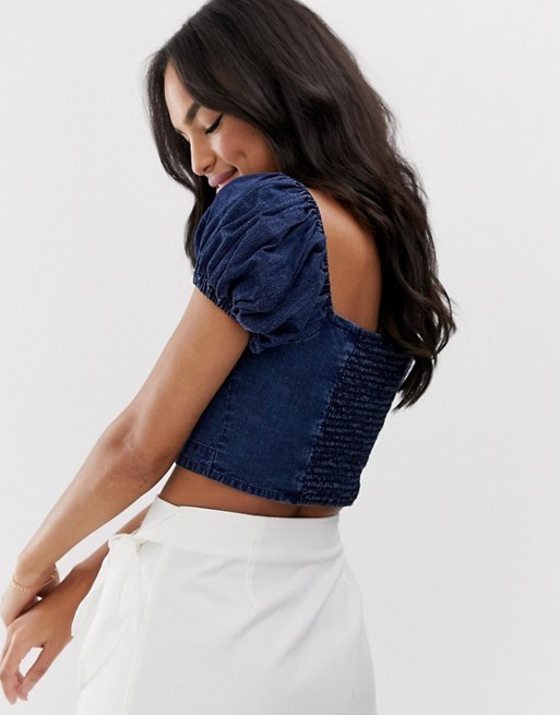 ASOS DESIGN denim crop top with puff sleeve in texture | ASOS US
