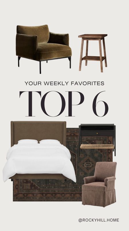 Most loved furniture and decor last week! Moody rug, brown upholstered bed, McGee and Co nightstand, slipcovered dining chair, pottery barn side table, west elm Penn chair 

#LTKhome #LTKstyletip
