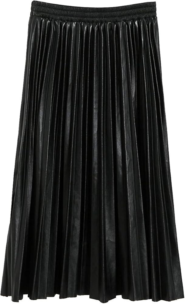 SUNFURA Women's Winter Faux Leather Elastic Waist Swing Flare Pleated Skirt | Amazon (US)