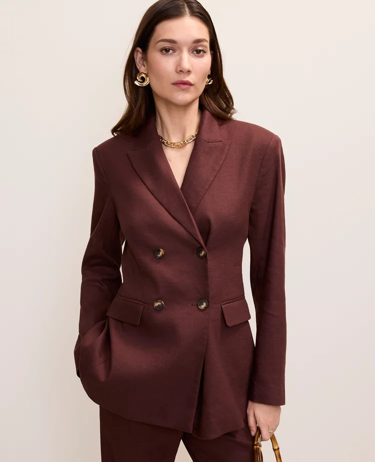 The Fitted Long Double Breasted Blazer in Linen Blend | Ann Taylor