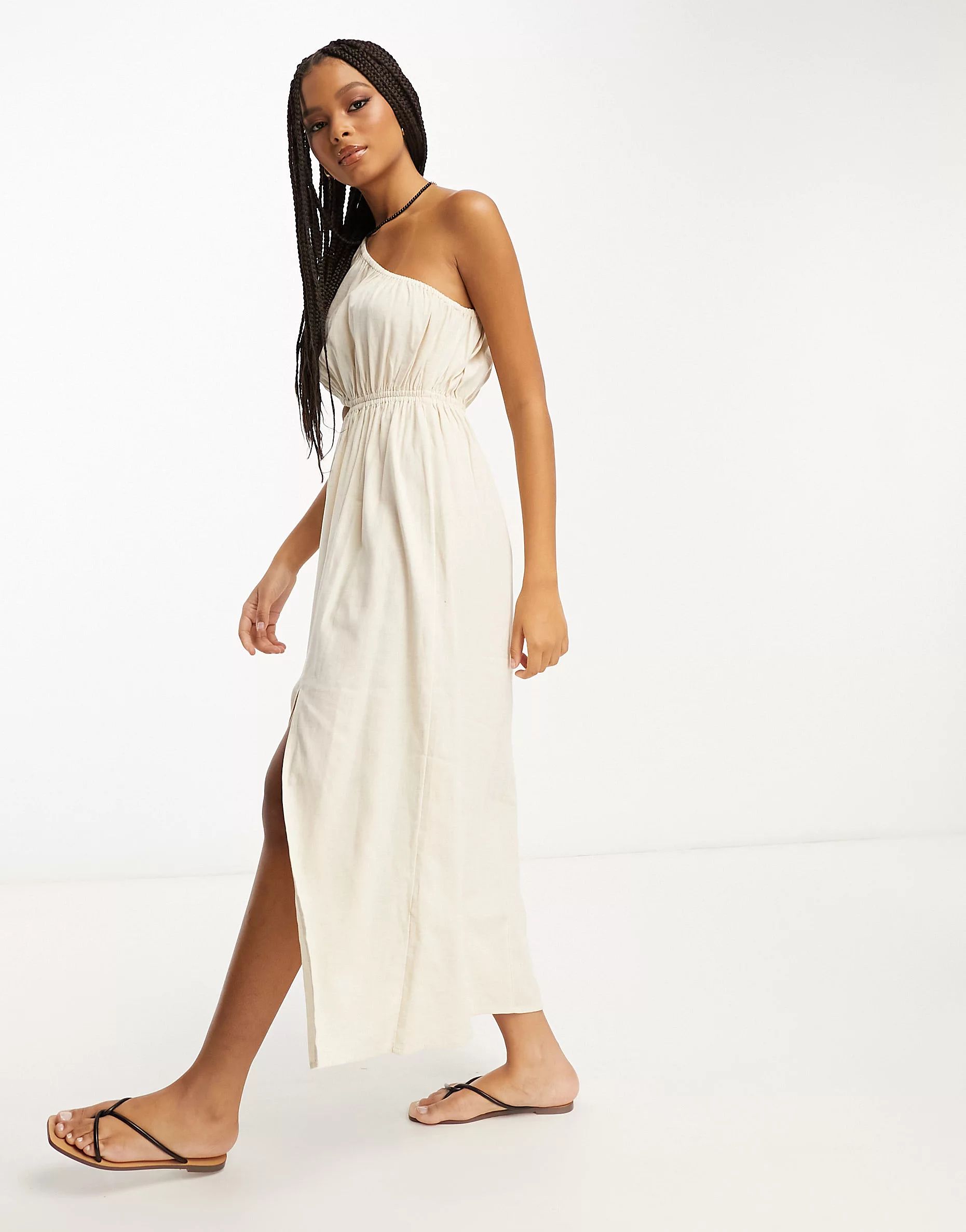 ASOS DESIGN linen one shoulder midi dress in natural | ASOS (Global)