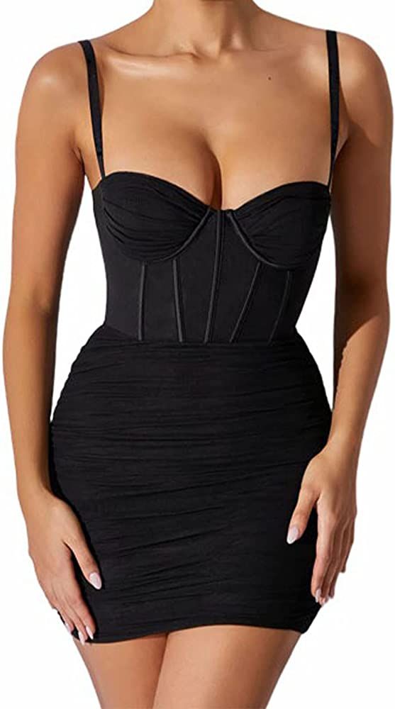 Plilima Women’s Bodycon Ruched Club Party Dress Slip Sweetheart Neckline See Tulle Cocktail Cor... | Amazon (US)