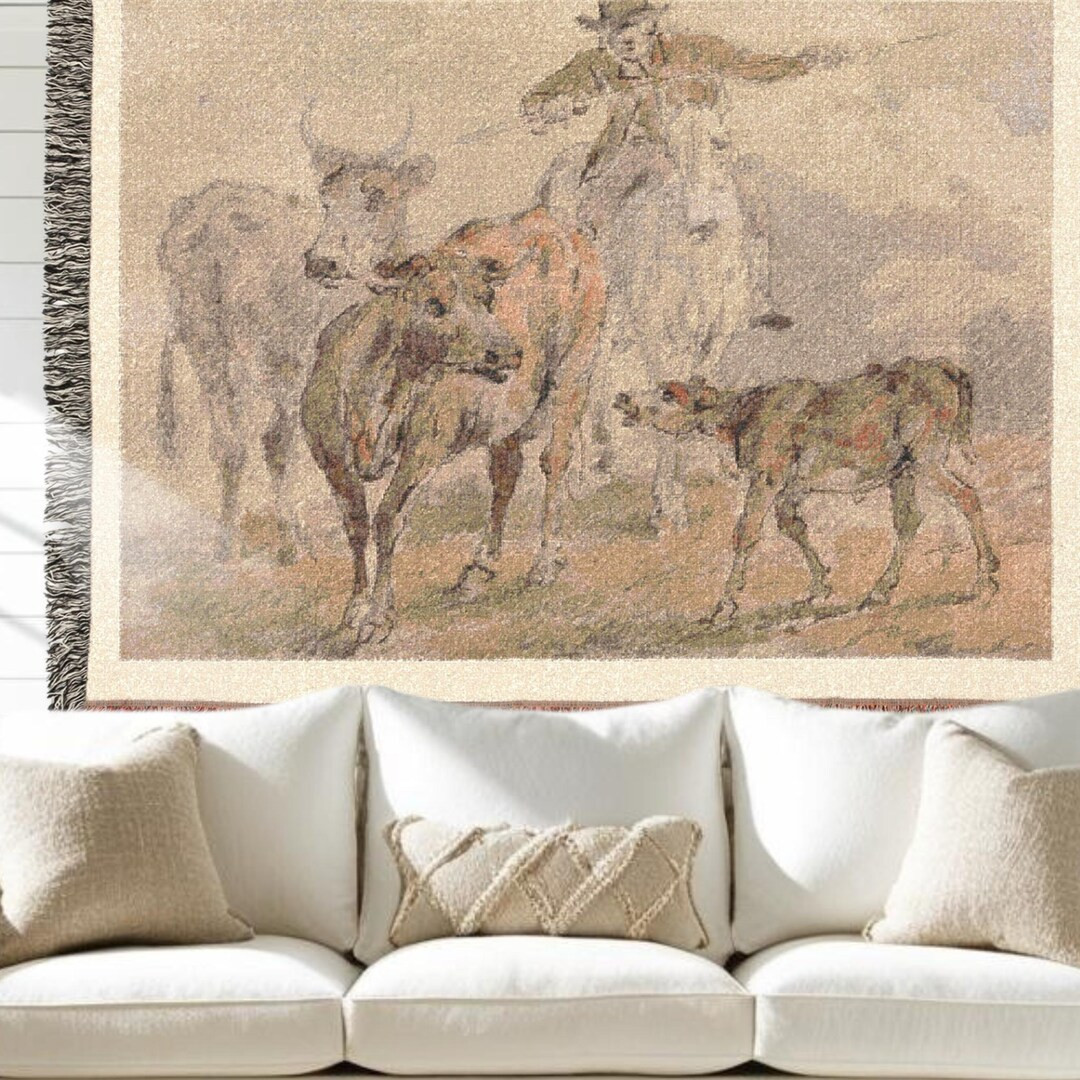 Vintage Cowboy Sketch and Painting Woven Blanket Tapestry Art Modern Farmhouse Cottage Decor Gift... | Etsy (US)