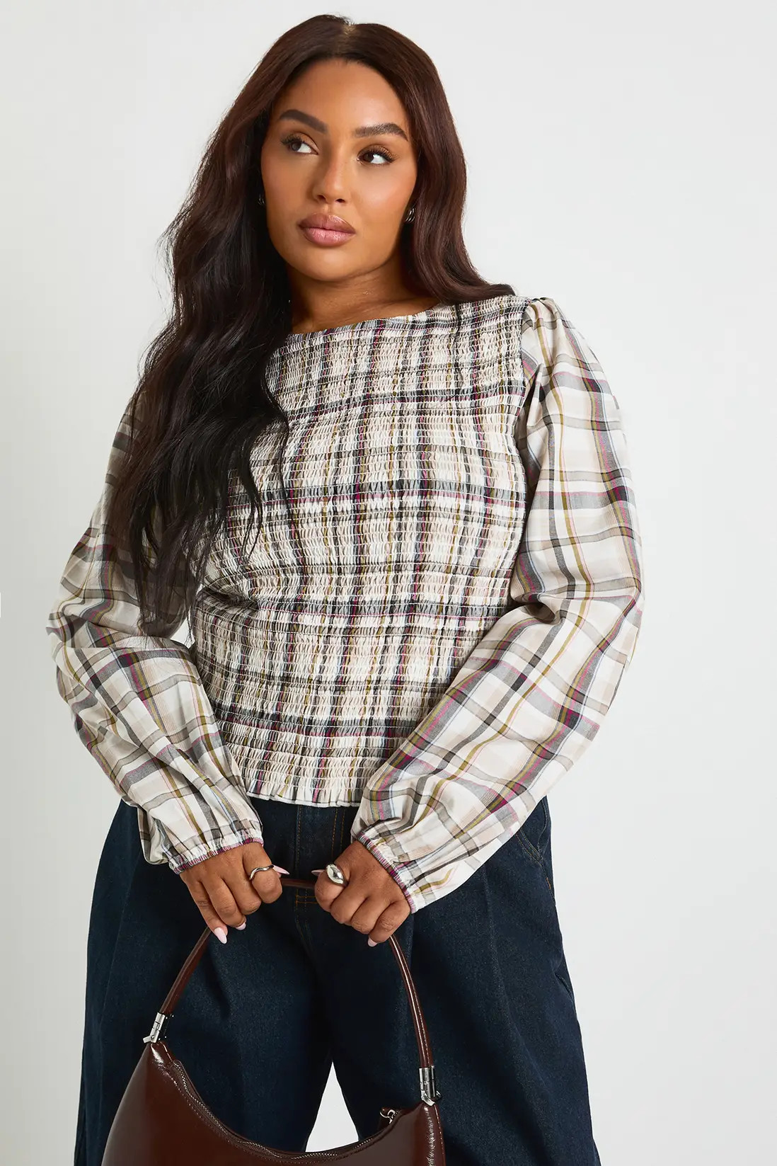 Sage Plus Shirred Check Peplum | Boohoo | Boohoo.com (UK & IE)
