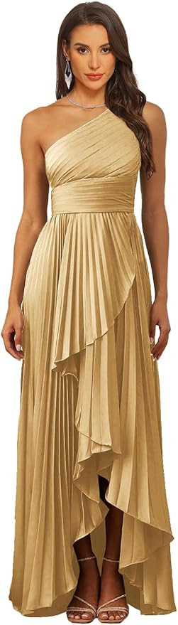 One Shoulder Satin Bridesmaid Dress for Women Ruched Long Formal Evening Dresses | Amazon (US)