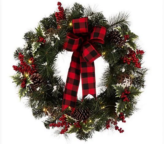 Glitzhome LED Pre-Lit Buffalo Plaid Bow Christmas Wreath - QVC.com | QVC