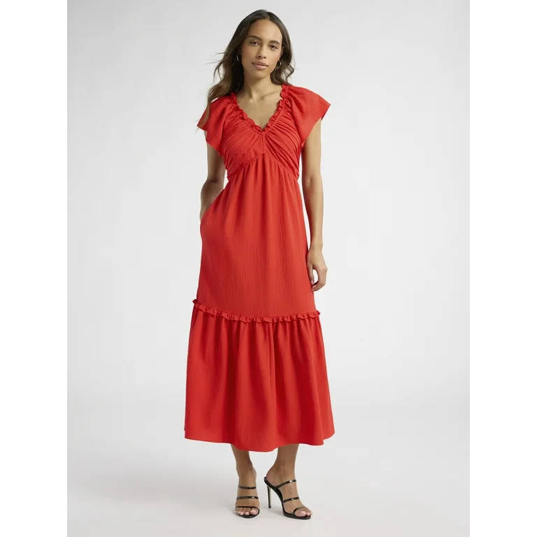 Sofia Jeans Women's and Women's Plus V Neck Dress with Flutter Sleeves, Below Calf Length, Sizes ... | Walmart (US)