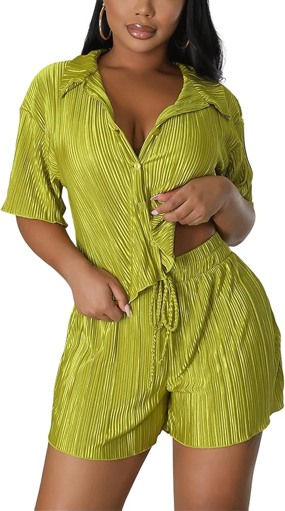 MKQW Women 2 Piece Pleated Outfits Summer Casual Short Sleeve Vacation Button Down Shirt Shorts T... | Amazon (US)