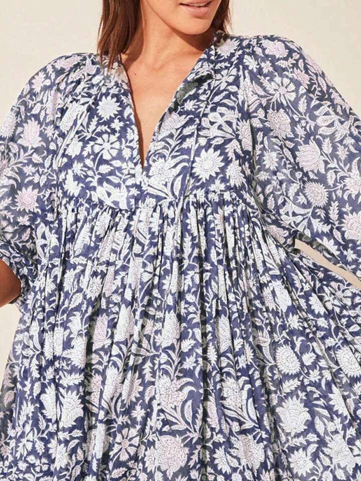 Full-Floral Print Twist-Neck Lantern Sleeve Casual Summer Dress, Daily Wear | SHEIN USA | SHEIN