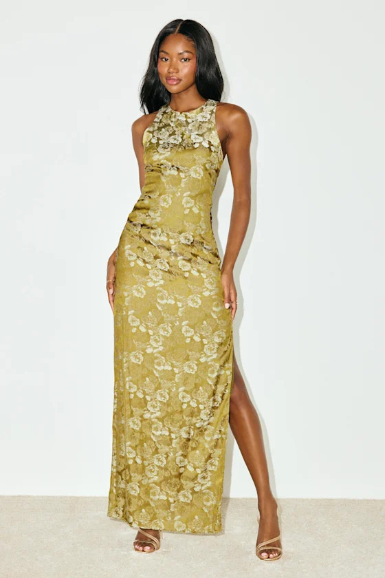 Lamila Chartreuse Floral Satin Column Maxi Dress | Lulus