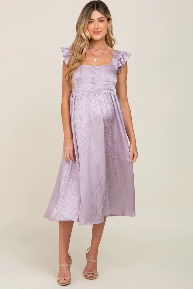 Lavender Satin Floral Square Neck Ruffle Strap Maternity Midi Dress | PinkBlush Maternity