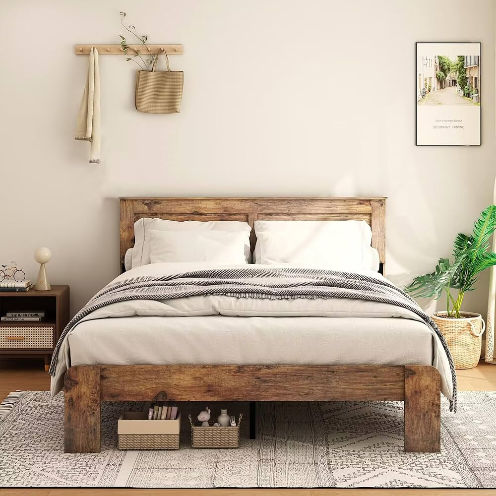 King Size Bed Frame, Rustic Vintage Platform Bed Frame with Wood Headboard and Footboard, 12 Wood... | Amazon (US)