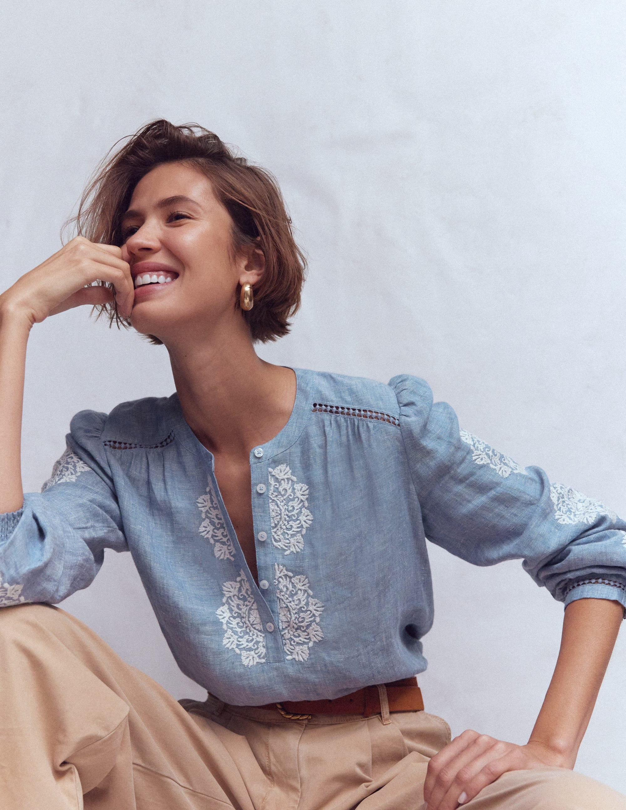 Embroidered Trim Interest Top-Chambray, Ivory Embroidery | Boden (US)