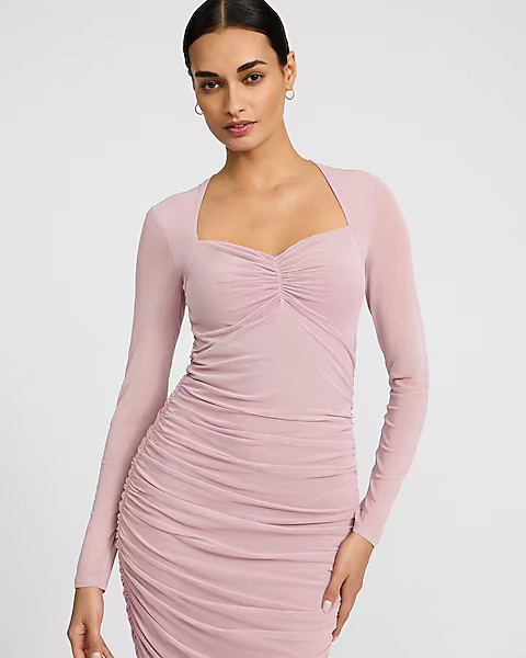 Mesh Sweetheart Neckline Ruched Long Sleeve Midi Dress | Express