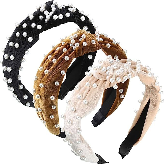 3 Pieces Pearls Headband Wide Hair Hoop Velvet Pearls Headband Vintage Twisted Headwear for Girl ... | Amazon (US)