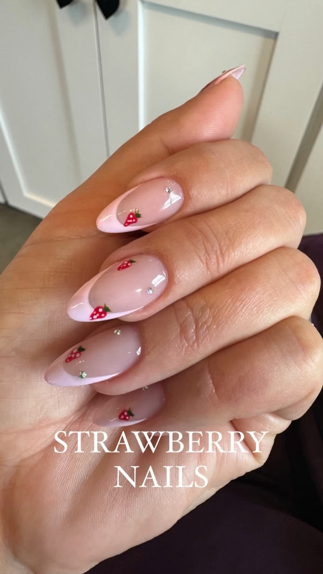 how do you neutral for the base
Ballet pink French tip 
Striking red strawberry’s 
And gems for extra sparkle 