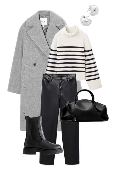 Grey wool coat Cos, steiped knit Cos, black shoulder bag Cos, black boots & Other Stories, leather effect trousers Mango #whattoweartoday 

#LTKstyletip #LTKMostLoved #LTKSeasonal