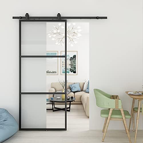JUBEST 36in x 84in Glass Barn Door, Clear Tempered Glass Carbon Steel Pre Drilled Frame Sliding Barn | Amazon (US)