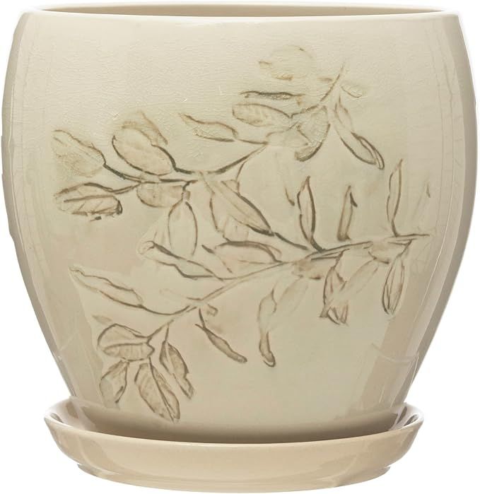 Creative Co-Op Debossed Stoneware Planter with Saucer, Set of 2, Cream and Green Reactive Grackle... | Amazon (US)